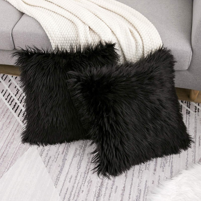 WLNUI Set of 2 Black Decorative Fluffy Pillow Covers New Luxury Series Merino Style Faux Fur Throw Pillow Covers Square Fuzzy Cushion Case Spring Easter Home Decor 16x16 Inch - Image 3